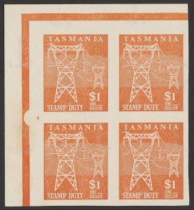 TASMANIA Stamp Duty 1966 Power Pylon $1 wmk 'TT' inverted IMPERF block. MNH **.