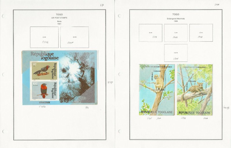 Togo Stamp Collection on 6 Pages Mint NH, Birds Animals, JFZ