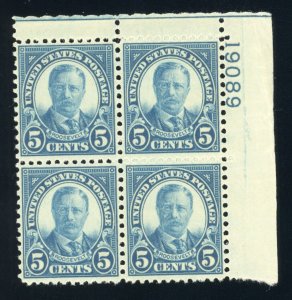 US Stamp #637 Theodore Roosevelt 5c - Plate Block of 4 - MNH - CV $17.50