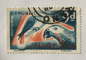 Nigeria 1965 Scott 191 used - 9p,  local birds, Gray parrots