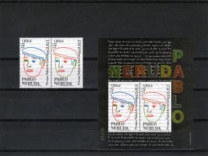 Chile 1991 Pablo Neruda Nobel Prize Pair+SS MNH Sc 981a/b