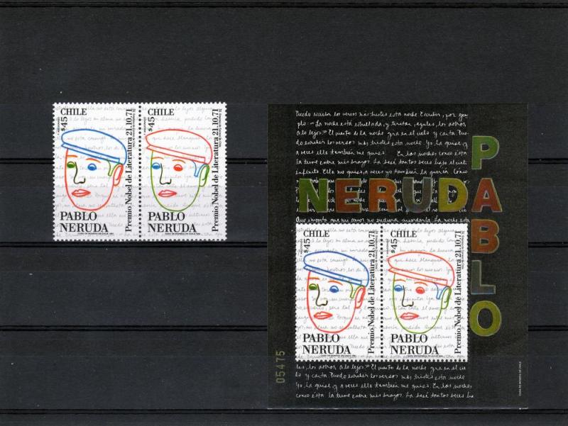 Chile 1991 Pablo Neruda Nobel Prize Pair+SS MNH Sc 981a/b