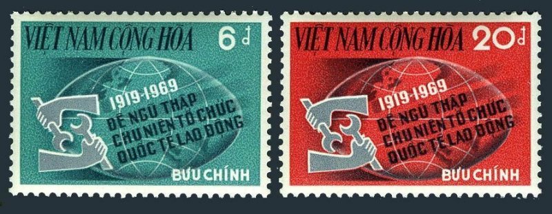 Viet Nam South 362-363, MNH. Michel 439-440. ILO, 50th Ann. 1969. Globe.