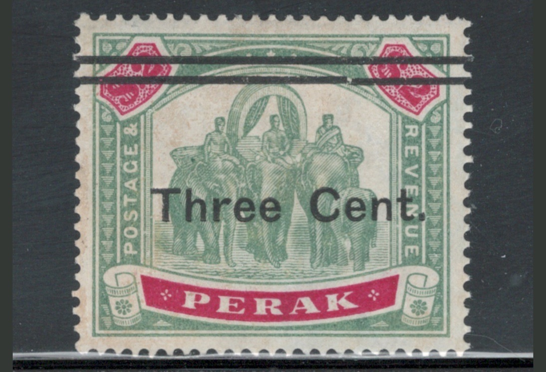 Malaya States - Perak 1900 Elephants & Howdah 3c on $2 Scott # 68 MH NG (Thin)