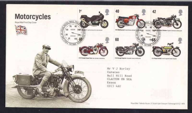 GB 2005 QE2 FDC Motorcycles 6 classic bikes SHS Pmk ( R943 )