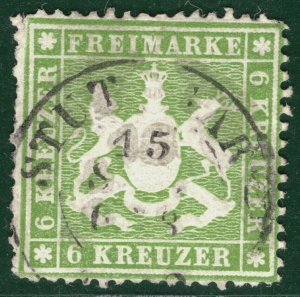 Germany States WÜRTTEMBERG Classic Scott.26 6kr (1861) CDS Used c$110+ 2RGREEN95