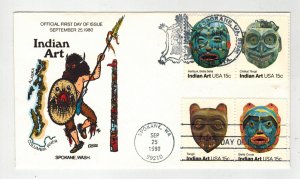 1980 COLLINS HANDPAINTED INDIAN ART MASKS SET 4 STAMPS SPOKANE WA DUAL CANCELS