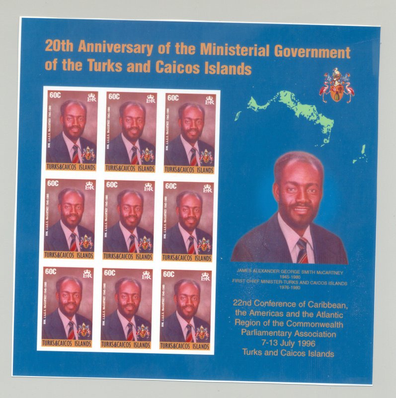 Turks & Caicos #1209 Ministerial Government 1v M/S of 9 Imperf Proof