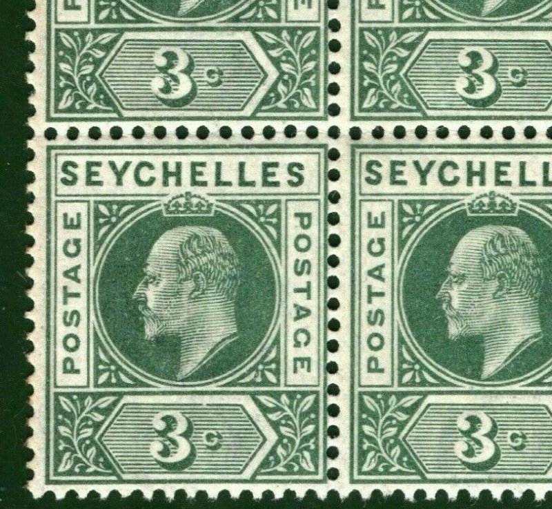 SEYCHELLES KEVII SG.47 3c (1903) Variety VALUE TABLET BREAK Mint BLOCK LBLUE110