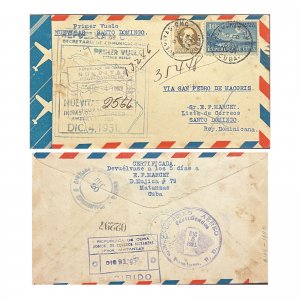 KV)1931 CUBA, REGISTERED AIRMAIL COVER OF THE FIRST FLIGHT NUEVITAS–SANTO DOMING