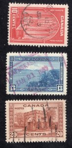 Canada 1938 10c to 20c, Scott 241-243 used, value = $1.30