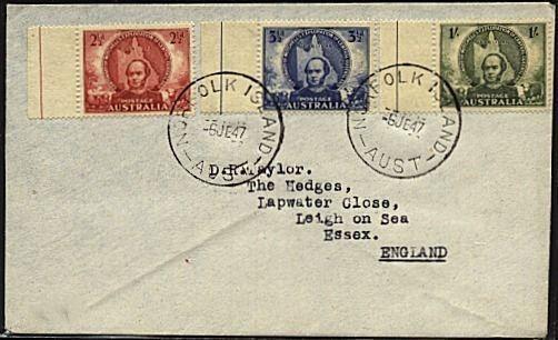 NORFOLK IS 1947 cover - Australia franking to UK......................19486 