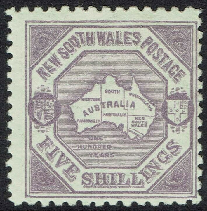 NEW SOUTH WALES 1890 MAP 5/- WMK 5/- NSW IN DIAMOND PERF 10 X 11 