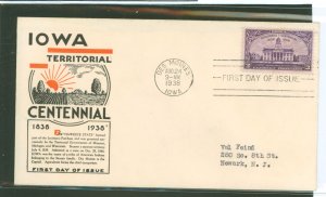 US 838 1938 3c Iowa Territory Centennial (single) on an addressed first day cover with a Washington stamp exchange (WSE) cachet.