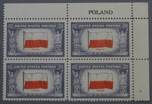 United States #909 Poland Margin Script Overrun Countries Blocks of Four MNH