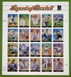 Scott 3408 LEGENDS OF BASEBALL Pane of 20 US 33¢ Stamps MNH 2000