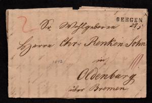 $German Stampless Cover, Bergen-Oldenburg via Bremen (1842)