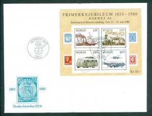 Norway. FDC 1980.  Norwex 80. Souvenir Sheet 4-Block. Steamer,Bus,Flight,Train