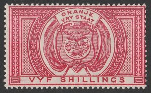 ORANGE FREE STATE 1882 Arms 5/- rose Postal Fiscal. MNH **