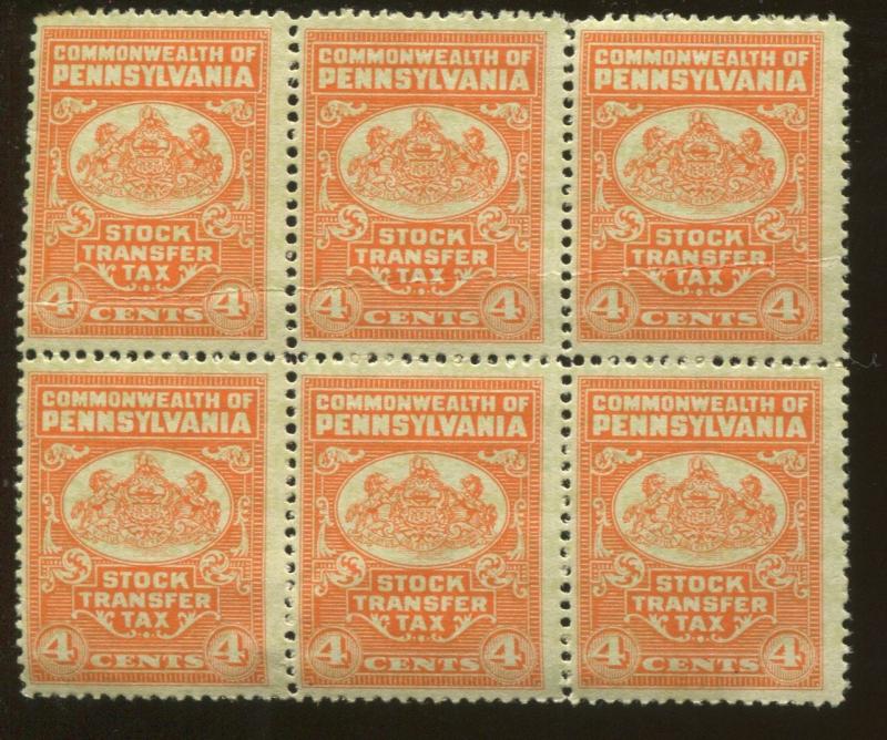 Block of 6 Commonwealth of Pennsylvania Stock Transfer Tax 4 Cent Stamps