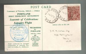 1934 Australia FFC First Autogiro Helicopte Flight Cover postcard to Perth