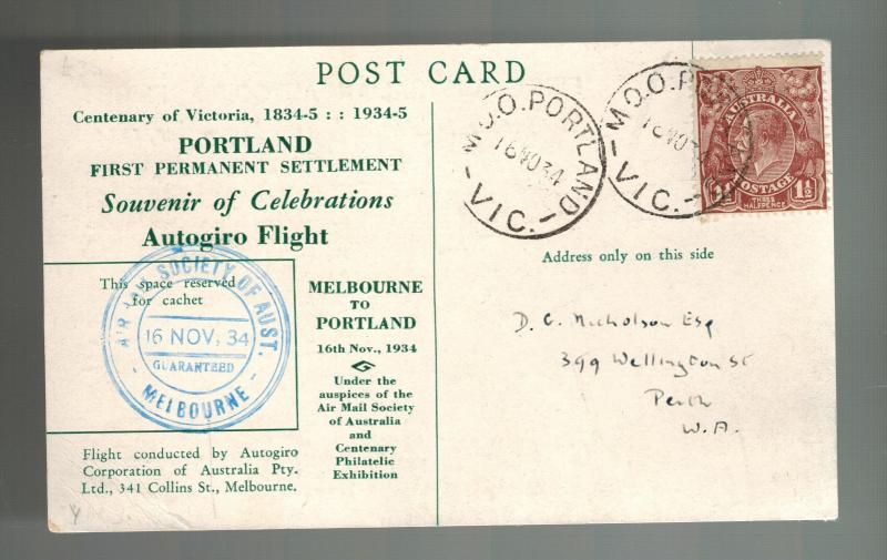 1934 Australia FFC First Autogiro Helicopte Flight Cover postcard to Perth