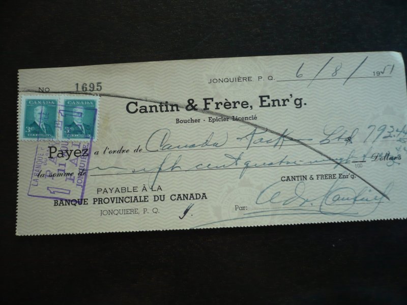 Canada - Revenue - KGVI Prime Minister Issue Stamps on cheque dated 1951