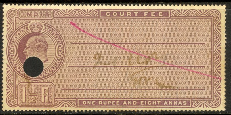 INDIA 1904 KEDVII 1R8a COURT FEE Revenue BFT. 206 Punch Hole Cancel Used