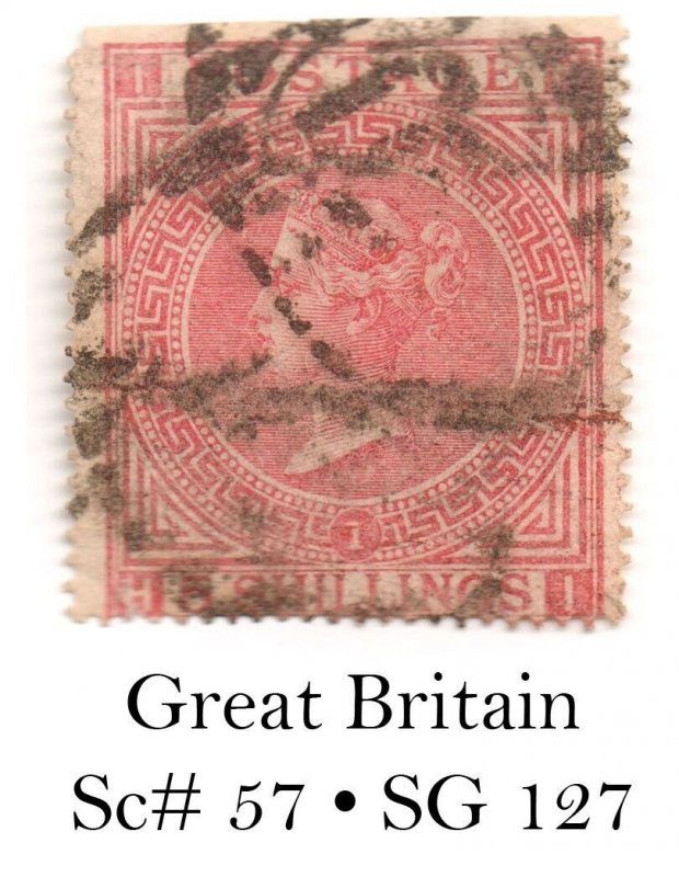England GB UK QV 1867 Sc 57, SG 127 P1, 5/- wmk.26 rose VF used stamp CV$835