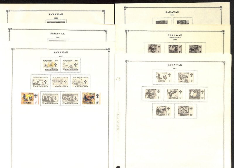 Sarawak Stamp Collection on 12 Scott International Pages, 1871-1979