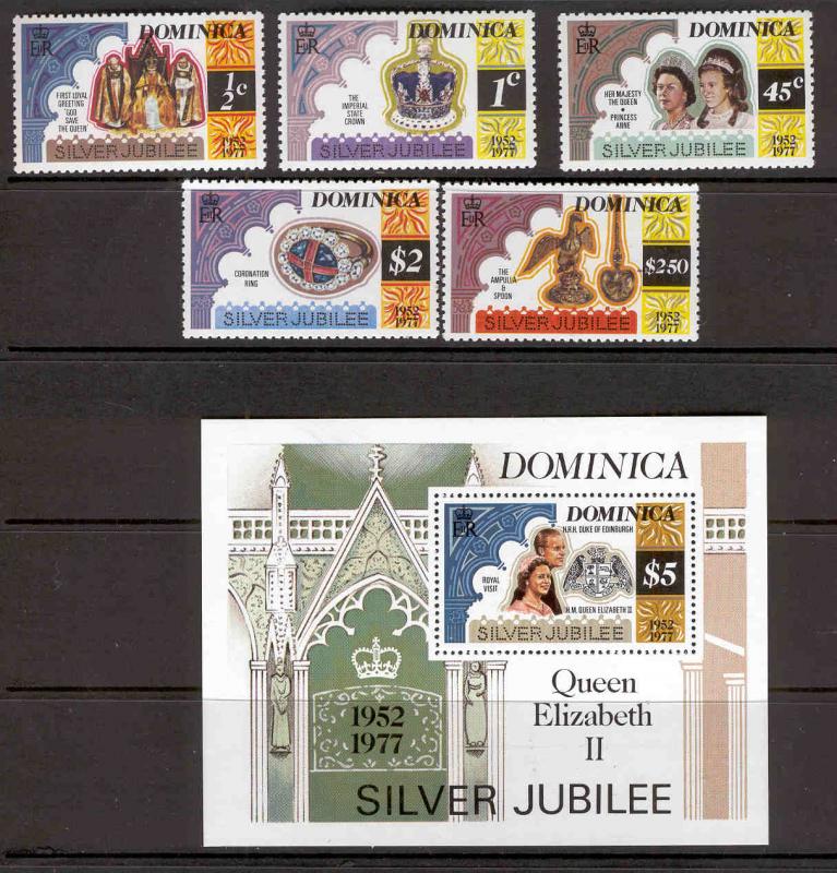 DOMINICA 521-526 MNH QUEEN ENTHRONED WITH SOUVENIR SHEET 1977