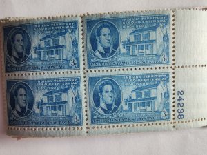 SCOTT #996 INDIANA WILLIAM H. HARRISON PLATE BLOCK #24238 LR MINT NEVER HINGED