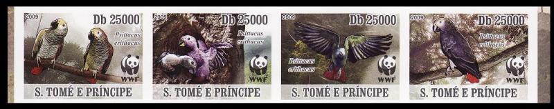 Sao Tome Birds WWF Grey Parrot Strip of 4 imperforated stamps