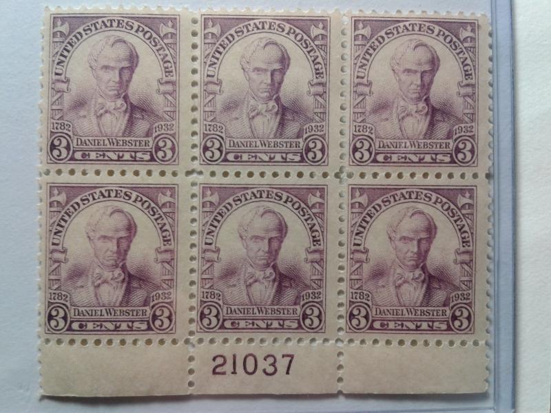 SCOTT # 725 PLATE BLOCK OF 6  DANIEL WEBSTER GEM MINT NEVER HINGED