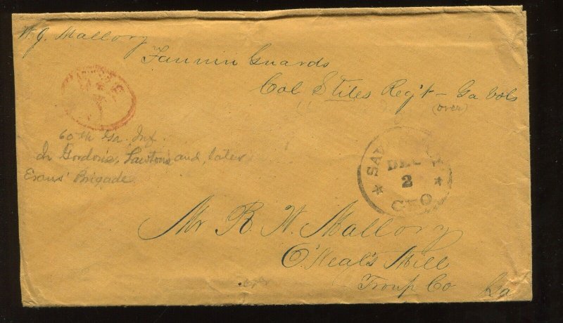 CSA Savannah GA Stampless Red 'DUE 5' Mark on Cover CSA CV $300 LV8832