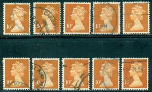 GREAT BRITAIN SG-X886, SCOTT # MH71 MACHIN USED, 10 STAMPS, GREAT PRICE!