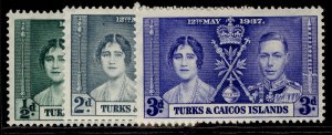 TURKS & CAICOS ISLANDS GVI SG191-193, 1937 CORONATION set, M MINT. 