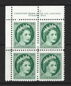 CANADA - #338 - 2c QUEEN ELIZABETH II WILDING ISSUE UL PLATE #9n BLOCK (1954)MNH