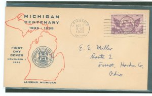 US 775 1935 3c Michigan Statehood Centenary (single) on an addressed FDC with a Grimsland Cachet