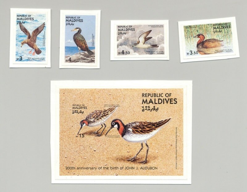 Maldives #1079-1083 Audubon, Birds 4v & 1v S/S Imperf Proofs on Cards