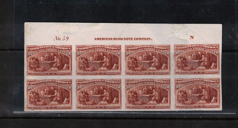 USA #239P3 Extra Fine Top Margin Plate Block Proof Of Eight On India Paper