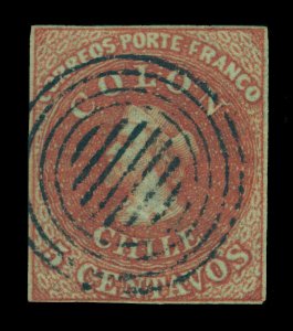 CHILE 1853 COLUMBUS London (Perkins Beacon) 5c red brn Sc# 1 used VF wmk FA5-1