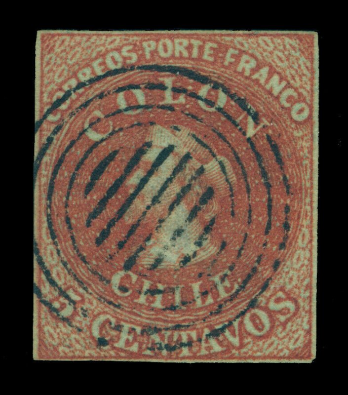 CHILE 1853 COLUMBUS London (Perkins Beacon) 5c red brn Sc# 1 used VF wmk FA5-1 