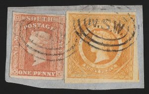 NEW SOUTH WALES 1854 QV Diadem 8d & QV 1d, imperf, on piece. RARE GENUINE!