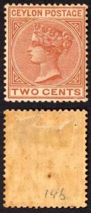 Ceylon SG146 1883 QV 2c Pale Brown Wmk Crown CA Perf 14 M/M