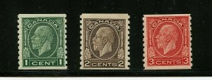 Canada #205-207 (CA680) King George V coils perf 8 1/2, M,LH, FVF, CV$47.50