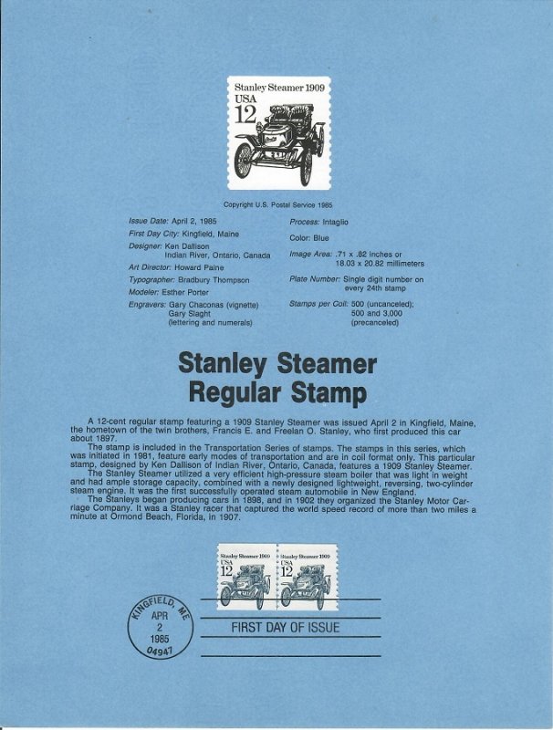 US SP684 Stanley Steamer Souvenir Page #2132  