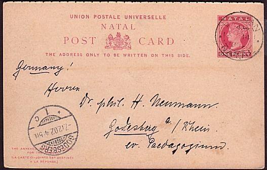 NATAL 1902 QV 1d postcard Durban to Germany - reply card still attached (unused)