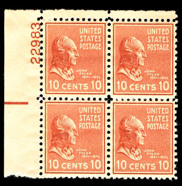 US #815 PLATE BLOCK, XF-SUPERB mint never hinged, 10c Tyler, SUPER CENTERED! ...