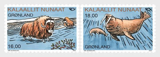 2020 Greenland Mammals Musk Ox & Walrus Norden (2)  (Scott 842-43) MNH